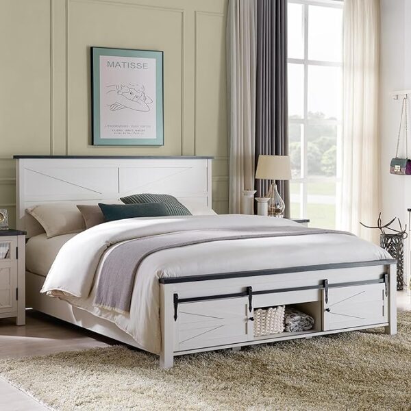 JXQTLINGMU King Farmhouse Wood Bed Frame with Sliding Barn Door Storage Cabinets, Solid Wood Slats Support, Noiseless, No Box Spring Needed, Antique White - Image 2