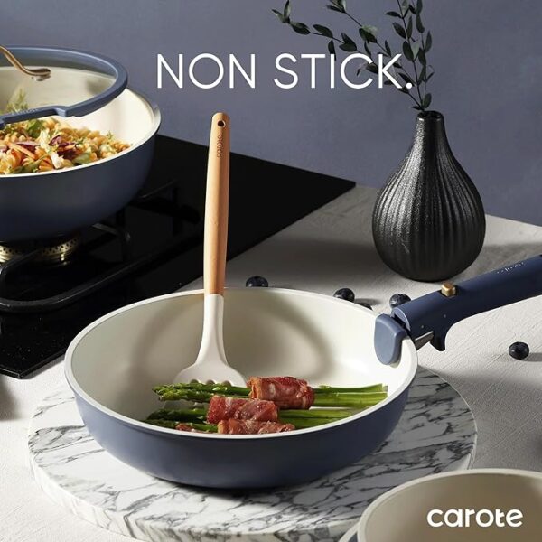 CAROTE 19pcs Pots and Pans Set, Nonstick Cookware Set Detachable Handle, Induction Kitchen Cookware Sets Non Stick with Removable Handle, RV Cookware Set, Gold and Blue - Image 3