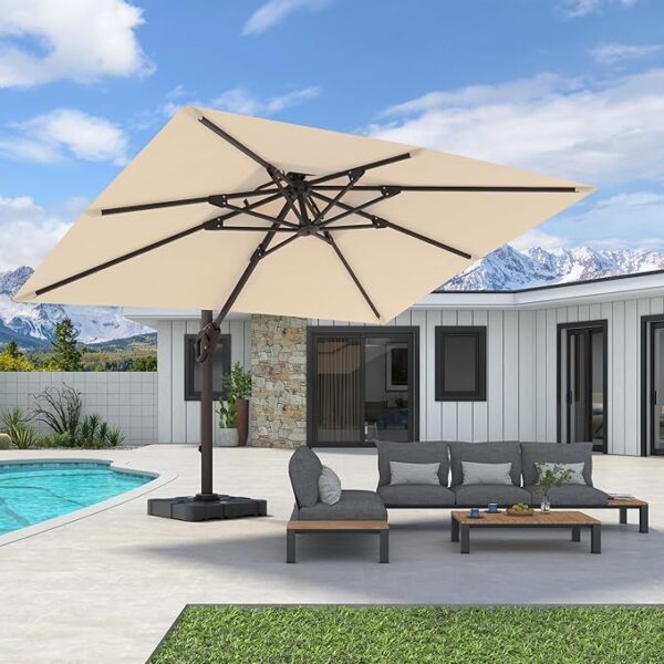 9' X 12' Cantilever Patio Umbrella 360°Rotation Rectangular Outdoor Large Offset Umbrellas Double Top Heavy Duty Windproof for Garden Deck Pool Backyard, Beige
