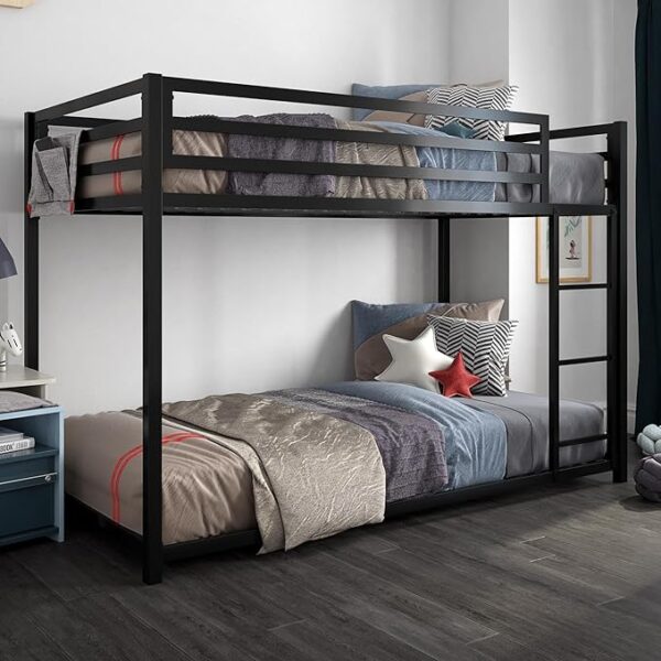 DHP Miles Low Metal Bunk Bed Frame for Kids, With Built-in Ladder, High Guardrail and Metal Slats, Floor Bed Bottom Bunk, No Boxspring Required, For Small Spaces, Twin-Over-Twin, Black