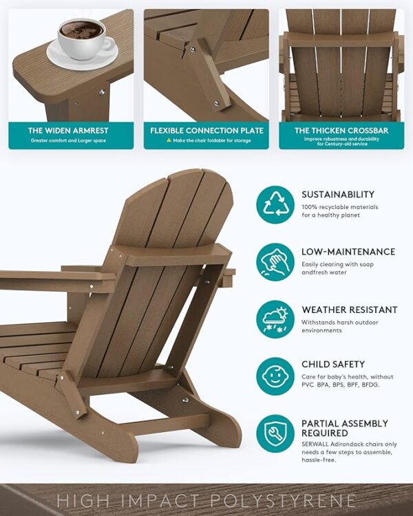 SERWALL Folding Adirondack Chair Set of 2 Outdoor Chairs Painted Adirondack Chair Weather Resistant for Patio Deck Garden, Backyard Deck, Fire Pit- Brown - Image 4