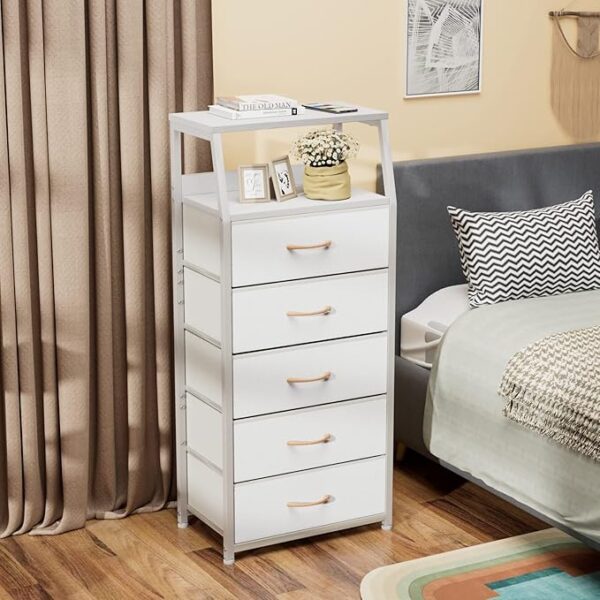 Furnulem White Dresser with 5 Drawers, Vertical Storage Tower Fabric Dresser for Bedroom, Hallway, Entryway, Nursery, Closet Organizer, Nightstand Bedside Table Furniture, Sturdy Steel Frame, Wood Top - Image 3