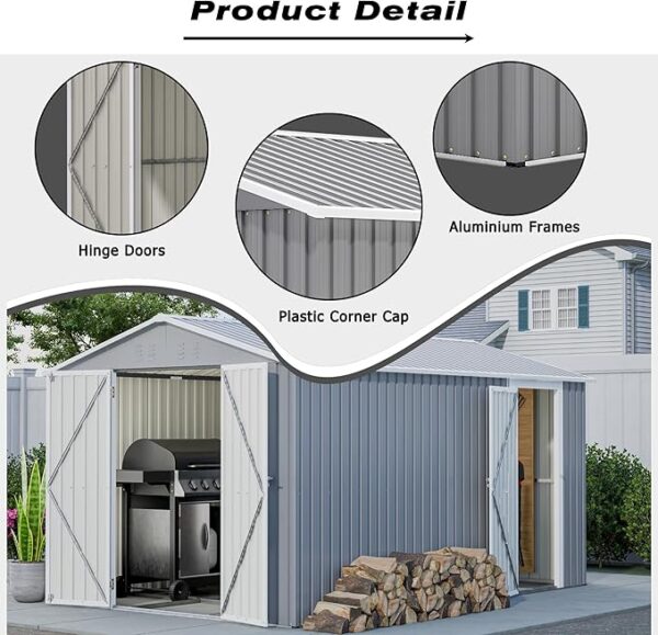 8×12 FT Storage Shed with 2 Lockable Doors and Vents,Metal Aluminum Waterproof Tool Sheds,Heavy-Duty Sheds Unit W/Floor Frame,Lock&Key,Garden Shed for Storing Bicycles,Barbeques,Gray - Image 7