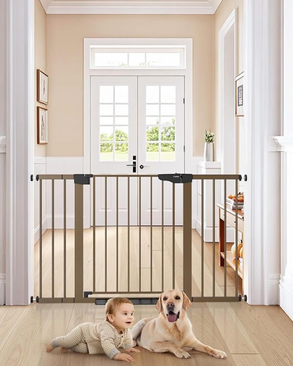 Cumbor 29.7-51.5" Baby Gates for Doorways Extra Wide, Safety Dog Gate for Stairs, Easy Walk Thru Auto Close Pet Gates for The House, Child Gate Includes 4 Wall Cups, Brown, Mom's Choice Awards Winner