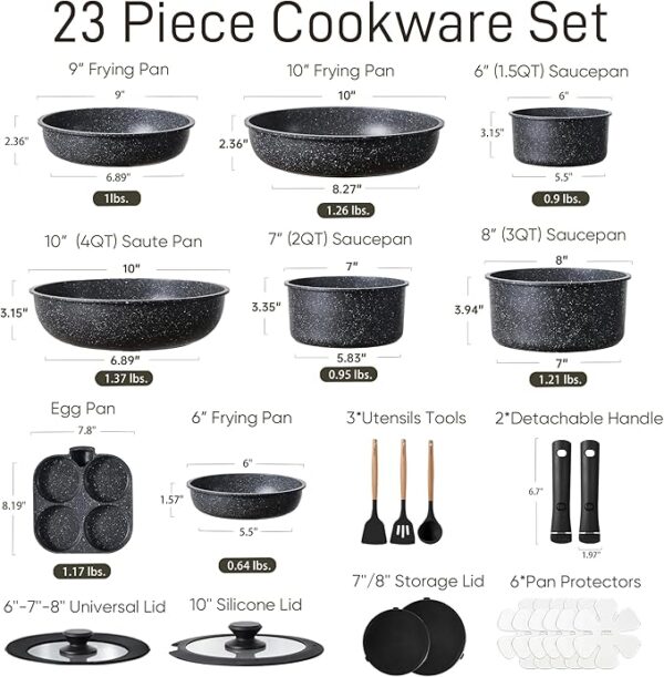 CAROTE 23pcs Pots and Pans Set Non Stick, Cookware Sets, Kitchen Set, Oven/Dishwasher/Fridge Safe, Space Saving Pots Set, Nonstick Set with Versatile Detachable Handle, Induction RV Set, Black - Image 2