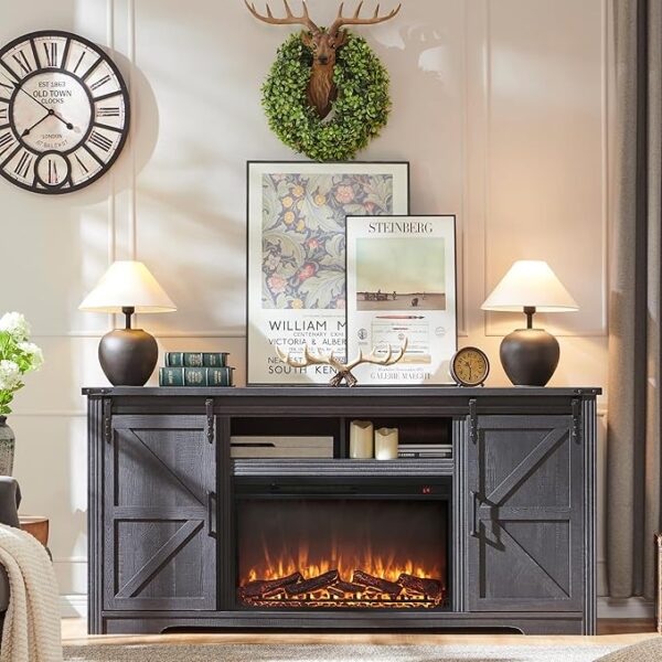 Farmhouse Fireplace TV Stand for 80 Inch TV, 32" Tall Entertainment Center w/Drawer & Sliding Barn Door, 70 Inch Highboy Media Console for Living Room, Black - Image 2