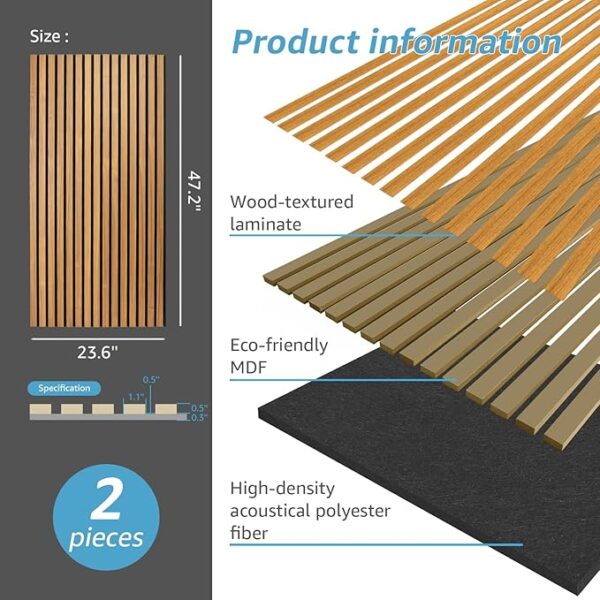 Art3d 2-Pack Acoustic Wood Slat Wall Panels for Interior Decor, 3D Fluted Sound Absorbing Wood Paneling for Accent Wall Ceiling Kitchen Living Room Bedroom Office, 47.2 x 23.6 inch Teak - Image 3