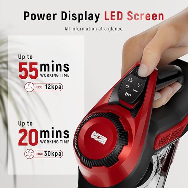 Cordless Vacuum Cleaner, 30Kpa Home Stick Vacuum, Smart Display & 1.5L Dust Cup, 55mins Max Runtime, Rechargeable Lightweight Handheld Vavuum for Pet Hair/Carpet/Hardwood Floor/Car - Image 6