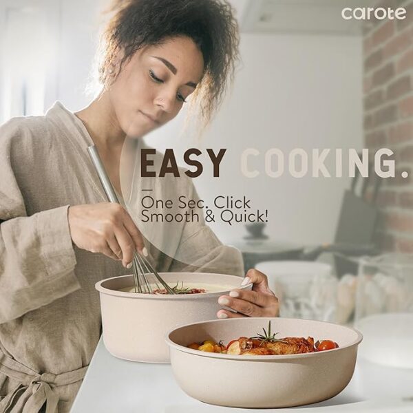 CAROTE 15pcs Pots and Pans Set, Nonstick Cookware Set Detachable Handle, Induction Kitchen Cookware Sets Non Stick with Removable Handle, RV Cookware Set, Oven Safe, Taupe - Image 4