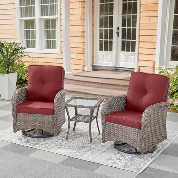 Swivel Patio Chairs Wicker Set - Outdoor Swivel Rocker Chair with Side Table, 3 Piece Patio Glider Chairs Furniture Set with Water-Resistant Cushions for Deck Porch Sunroom