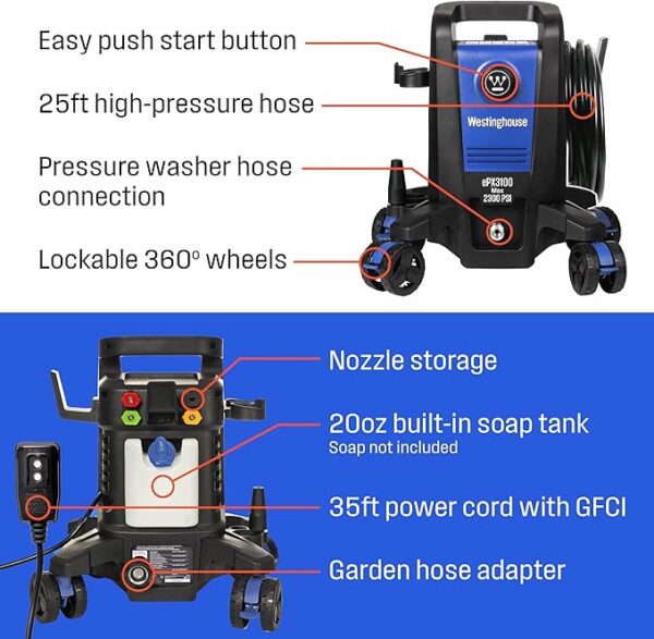 Westinghouse ePX3100 Electric Pressure Washer, 2300 Max PSI 1.76 Max GPM with Anti-Tipping Technology, Onboard Soap Tank, Pro-Style Steel Wand, 5-Nozzle Set, for Cars/Fences/Driveways/Home/Patios - Image 6