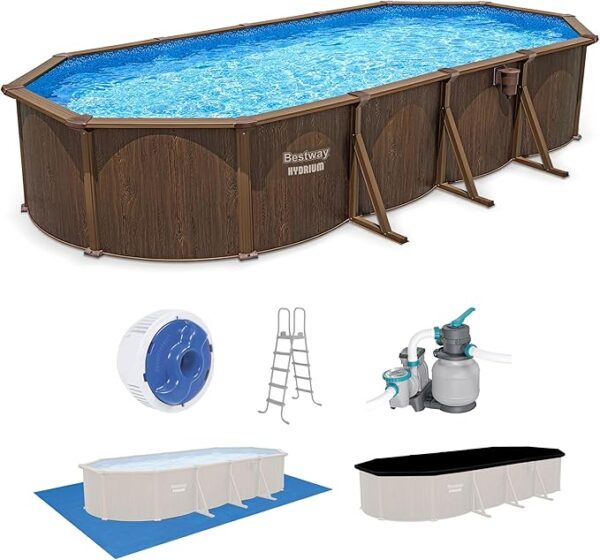 Bestway 24’ x 12’ x 52” Hydrium Oval Steel Wall Above Ground Swimming Pool with Sand Filter Pump, Cover, Ladder, Ground Cloth, and Surface Skimmer, Woodgrain