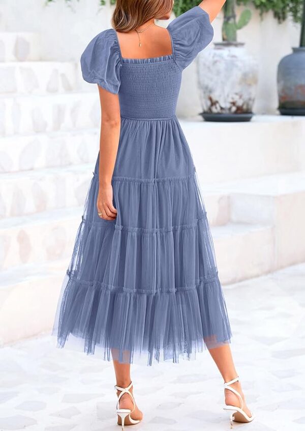 PRETTYGARDEN Women's Smocked Midi Tulle Dress Summer Puffy Short Sleeve Square Neck Ruffle Wedding Guest Party Dresses - Image 6