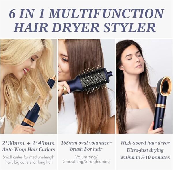 6-in-1 Hair Dryer Brush & Curling Iron Set, Hot Air Styler Hair Curler for Fast Drying, Smoothing & Volumizing, No Heat Damage, Professional Blowout Tool with Travel Case - Prussian Blue - Image 4