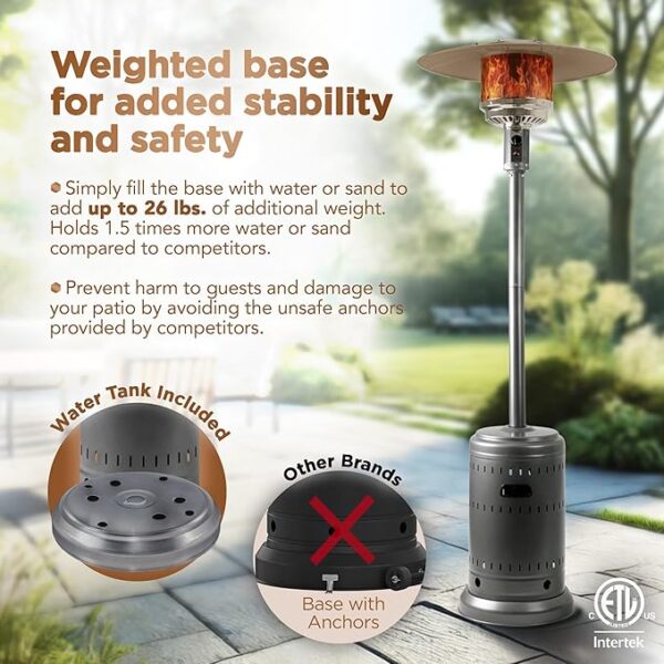 46,000 BTU Outdoor Propane Patio Heater with Wheels, Commercial & Residential, 13489.74 watts, Slate Gray, with water tank, 32.1 x 32.1 x 91.3 inches (LxWxH) - Image 2