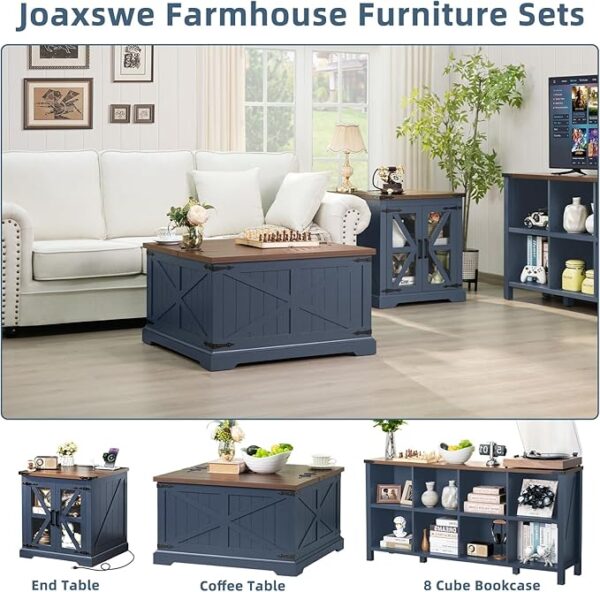 Farmhouse Coffee Table with Large Hidden Storage Compartment, Navy Blue Square Center Table, Wood Rustic Low Modern Living Room Tables with Hinged Lift Brown Top & Wooden Arc Base - Image 4