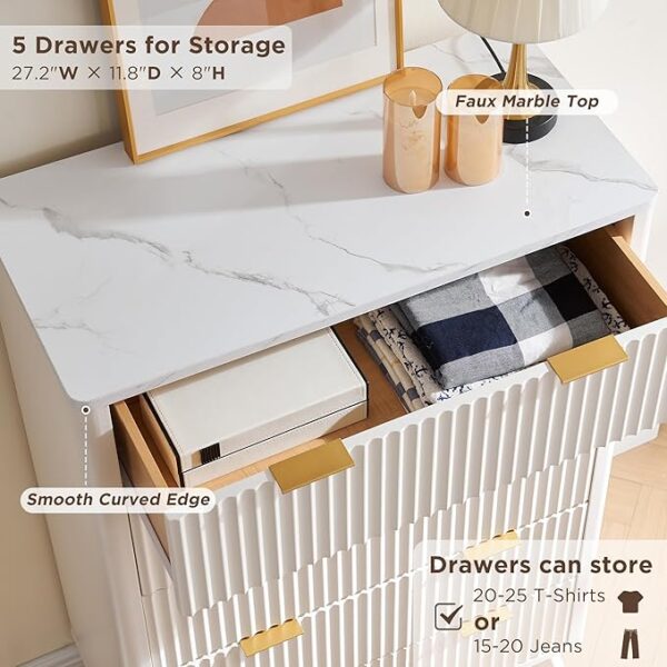 T4TREAM Fluted 5 Drawers Dresser, 48" Tall Modern Chest of Drawers with Faux Marble Top, Curved Profile Design, Wood Drawer Organizer for Bedroom, Living Room, Hallway, Entryway, Solid White - Image 4