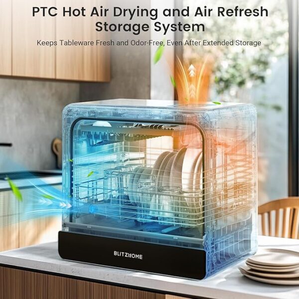 BLITZHOME Countertop Portable Mini Dishwasher, 9 Programs,167℉ High-Temp, Hot Air Drying, Air Refresh, 360° 3 Spray, 24H Timing, LED Light, 5.2L Built-in Water Tank for Apartments RVs - Image 5