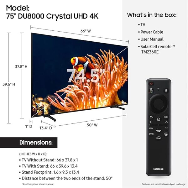SAMSUNG 75-Inch Class 4K Crystal UHD DU8000 Series HDR Smart TV w/Object Tracking Sound Lite, Motion Xcelerator, Ultra Slim Design, Gaming Hub, Alexa Built-in - Image 6
