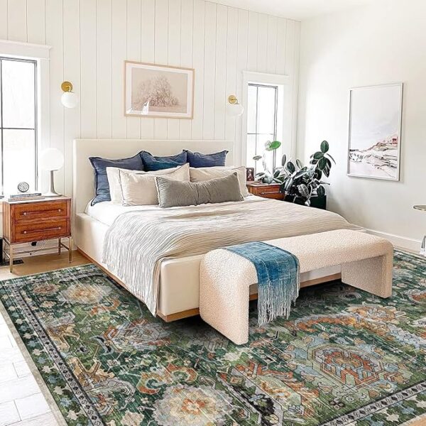 Washable Area Rugs - Perfect for Living Room, Bedroom, Kids Room, Nursery - Stain & Water Resistant Non-Slip, Pet & Child Friendly, Vintage Tribal Area Rugs (Green, 5' x 7') - Image 3