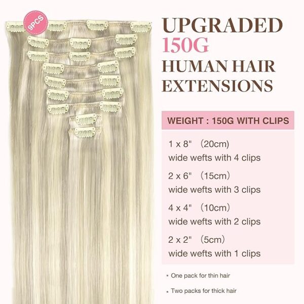 GOO GOO Clip in Hair Extensions Real Human Hair, Remy Human Hair Extensions Clip ins for Women, Natural Human Hair, 20inch 150g 9Pcs, 17A/60A Ash Blonde Highlighted Platinum Blonde - Image 6