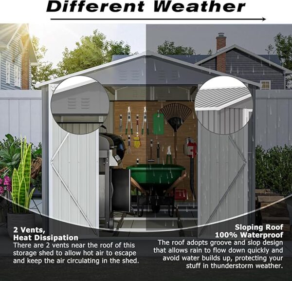 8×12 FT Storage Shed with 2 Lockable Doors and Vents,Metal Aluminum Waterproof Tool Sheds,Heavy-Duty Sheds Unit W/Floor Frame,Lock&Key,Garden Shed for Storing Bicycles,Barbeques,Gray - Image 4