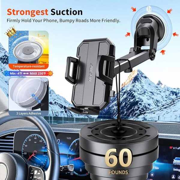 Upgraded 3-in-1 Car Phone Holder Mount [Powerful Suction] Phone Mount for Car Dashboard Air Vent Windshield,for All iPhone Android Phone (Black) - Image 5