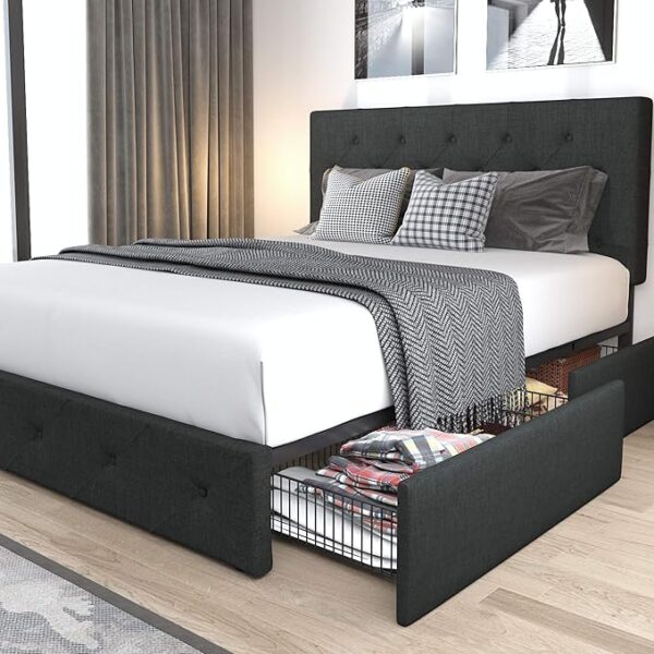 Allewie Upholstered Queen Size Platform Bed Frame with 4 Storage Drawers and Headboard, Diamond Stitched Button Tufted, Mattress Foundation with Wooden Slats Support, No Box Spring Needed, Dark Grey - Image 3
