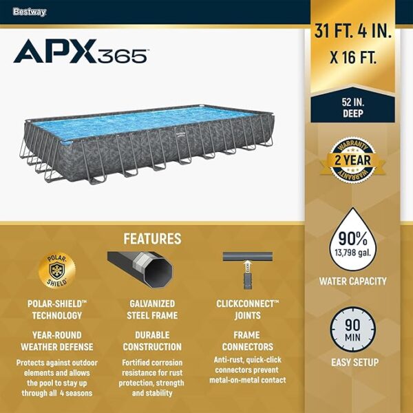 Bestway APX 365 Rectangular Swimming Pool Above Ground Outdoor Backyard Framed Pool Set with Sand Filter Pump, Ladder, and Cover, 31'4" x 16' x 52" - Image 3