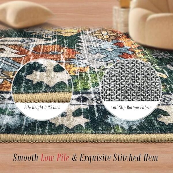 Washable Area Rugs - Perfect for Living Room, Bedroom, Kids Room, Nursery - Stain & Water Resistant Non-Slip, Pet & Child Friendly, Vintage Tribal Area Rugs (Green, 5' x 7') - Image 4