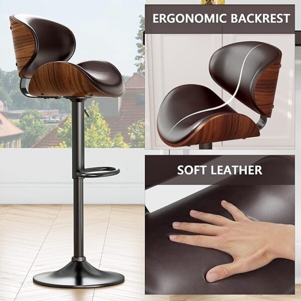 Bar Stools Set of 4, Modern Pu Leather Swivel Adjustable Bar Stool Counter Height Stool Set, Bar Chair with Back and Footrest for Kitchen, Dining Room, Brown - Image 4