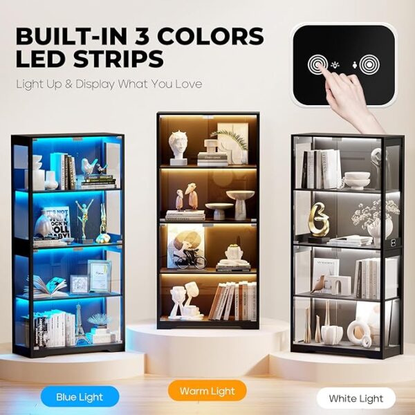 Display Cabinet with Glass Doors, 4-Tier Curio Cabinet with 3 Color Lights for Collectibles, Glass Display Case with Human Body Sensor, Storage Cabinet, Black - Image 6