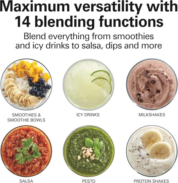 Hamilton Beach Wave Crusher Blender For Smoothies With 40 Oz Glass Jar and 14 Functions, Ice Sabre Blades & 700 Watts for Consistently Smooth Results, Black + Stainless Steel (54221) - Image 2