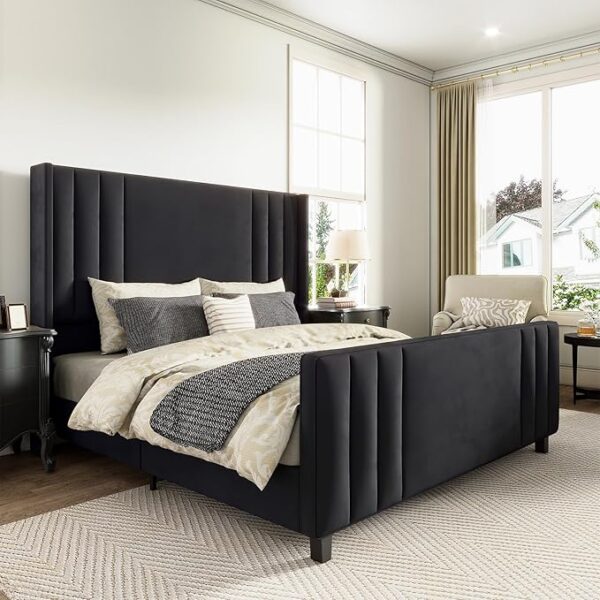 AMERLIFE King Size Bed Frame, Velvet Upholstered Platform Bed with Vertical Channel Tufted Headboard & Footboard/Wingback, Mattress Foundation with Wood Slats, No Box Spring Needed, Black - Image 5