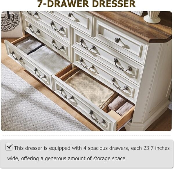 T4TREAM Farmhouse 9 Drawers Dresser for Bedroom, 54" Wide Wood Rustic Chest of Drawers with Natural Texture, Vintage Design, Storage Dressers Organizer for Bedroom, Living Room, Antique White - Image 2