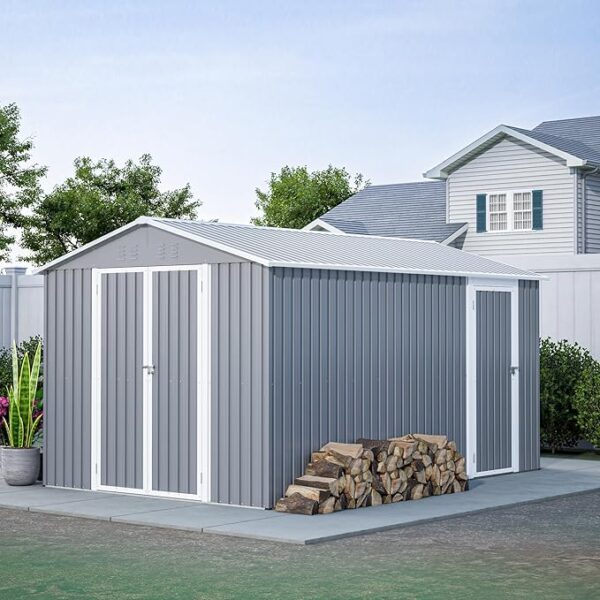 Outdoor Storage Shed 8x12 FT with 2 Lockable Doors,Utility Tool Shed Metal Storage Garden Sheds W/Floor Frame and 2 Vents,for Backyard,Patio,Lawn,Grey - Image 4