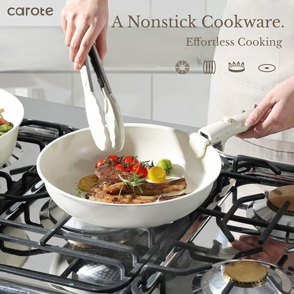 CAROTE 11pcs Pots and Pans Set, Nonstick Cookware Detachable/Removable Handle, Induction RV Kitchen Set, Oven Safe, Cream White - Image 2