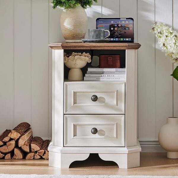 T4TREAM Farmhouse Nightstand with Charging Station, 18" End Table with 2 Drawers, Wood Side Table, Bedside Cabinet for Bedroom, Living Room (Antique White)