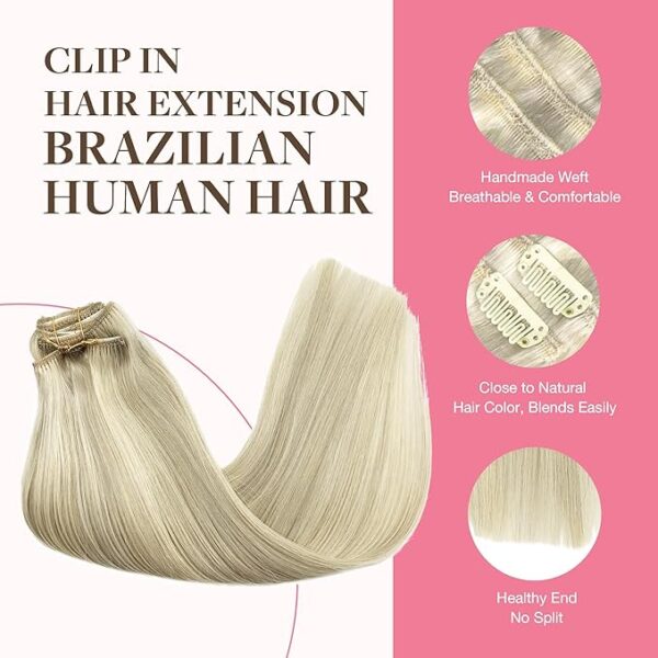 GOO GOO Clip in Hair Extensions Real Human Hair, Remy Human Hair Extensions Clip ins for Women, Natural Human Hair, 20inch 150g 9Pcs, 17A/60A Ash Blonde Highlighted Platinum Blonde - Image 5