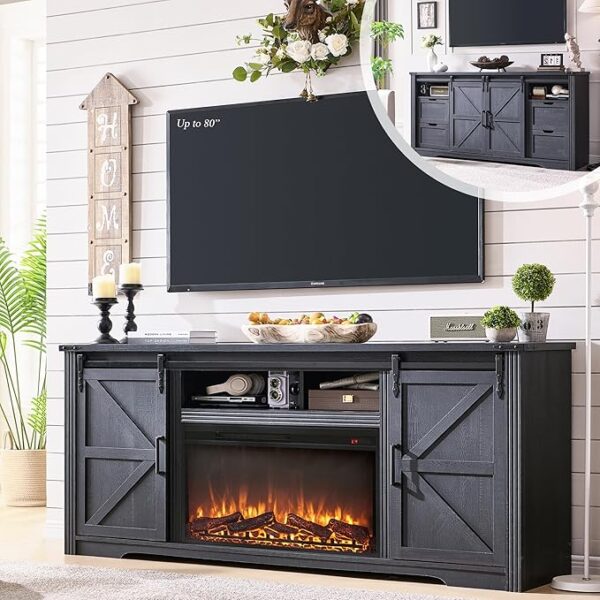 Farmhouse Fireplace TV Stand for 80 Inch TV, 32" Tall Entertainment Center w/Drawer & Sliding Barn Door, 70 Inch Highboy Media Console for Living Room, Black