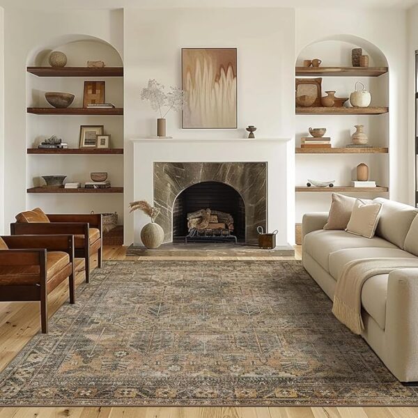 Rugs for Living Room, Foldable Low Pile Ultra-Thin Area Rugs for Dining Room Bedroom, Machine Washable Sound Absorbing Rubber Non Slip Backed Rug, 9x12 Aesthetic Vintage Sage Rectangle Rug