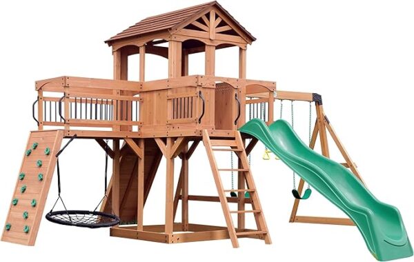 Backyard Discovery Sterling Point All Cedar Wooden Swing Set, Raised Clubhouse, Green Wave Slide, Web Swing, Climbing Wall, 10ft Wave Slide, 2 Belt Swings, Front Porch, Bridge