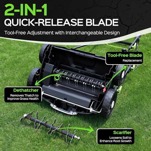 16-Inch 15.5 Amp 2-in-1 Electric Dethatcher and Scarifier with 14.5-Gallon Removable Thatch Collection Bag, Lawn Dethatcher with 5-Position Depth Adjustment, Quick-Fold, Keeps Lawn Healthy - Image 3