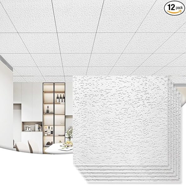Art3d 12-Pack Stucco Texture Drop Ceiling Tiles 2x2 FT - Fire-Rated, Waterproof, Reusable - Premium PVC 24x24 Inch Ceiling Panels for Living Room Kitchen Bathroom Basement Office, White