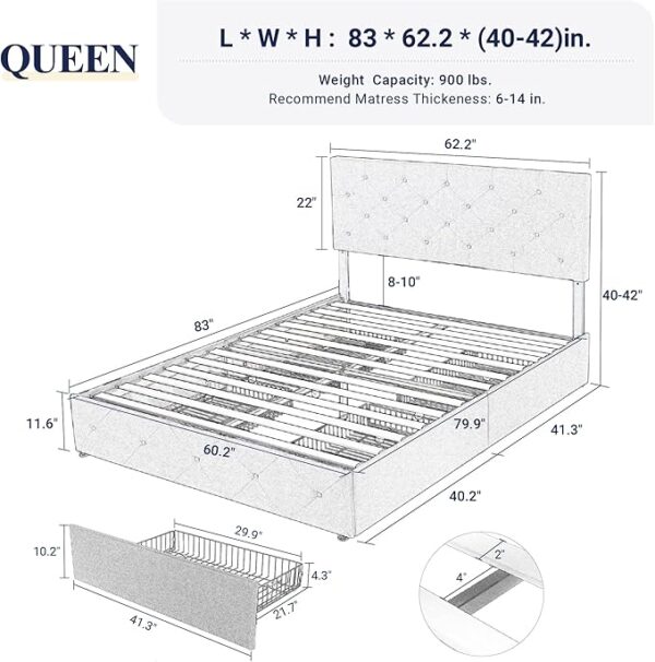 Allewie Upholstered Queen Size Platform Bed Frame with 4 Storage Drawers and Headboard, Diamond Stitched Button Tufted, Mattress Foundation with Wooden Slats Support, No Box Spring Needed, Dark Grey - Image 2
