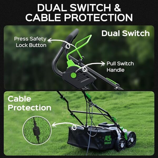 16-Inch 15.5 Amp 2-in-1 Electric Dethatcher and Scarifier with 14.5-Gallon Removable Thatch Collection Bag, Lawn Dethatcher with 5-Position Depth Adjustment, Quick-Fold, Keeps Lawn Healthy - Image 6