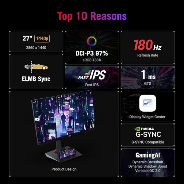 ASUS ROG Strix 27” QHD (2560x1440) HDR400 USB-C Gaming Monitor (XG27ACS), 180Hz,1ms, Fast IPS, 133% sRGB, Extreme Low Motion Blur Sync, G-Sync Compatible, DisplayWidget, Tripod Socket, 3 Year Warranty - Image 3