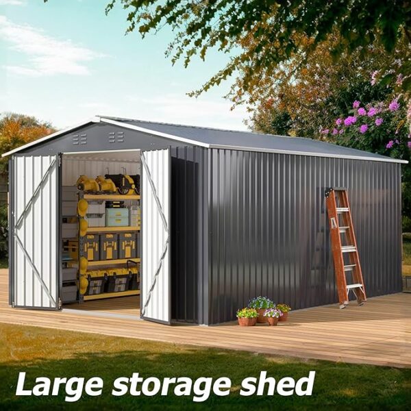 WKM 10x14 FT Outdoor Storage Shed, Metal Shed with Updated Frame Structure and Lockable Doors, Large Steel Yard Shed, Utility Tool Storage for Garden, Backyard, Patio Lawn, Black - Image 6