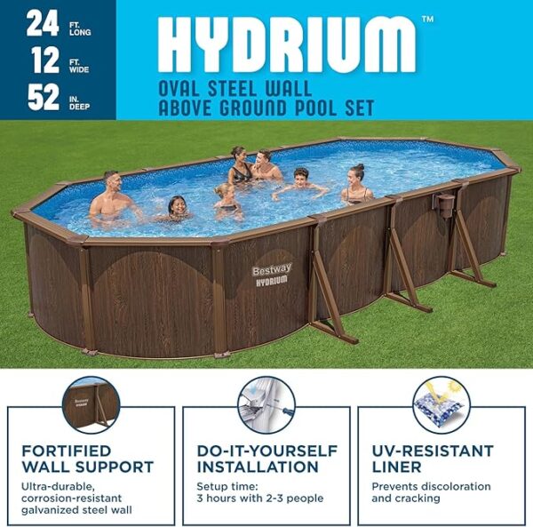 Bestway 24’ x 12’ x 52” Hydrium Oval Steel Wall Above Ground Swimming Pool with Sand Filter Pump, Cover, Ladder, Ground Cloth, and Surface Skimmer, Woodgrain - Image 3