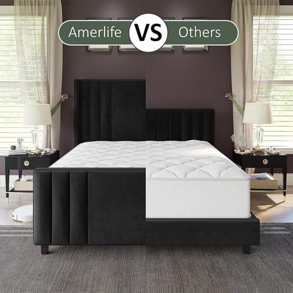 AMERLIFE King Size Bed Frame, Velvet Upholstered Platform Bed with Vertical Channel Tufted Headboard & Footboard/Wingback, Mattress Foundation with Wood Slats, No Box Spring Needed, Black - Image 3